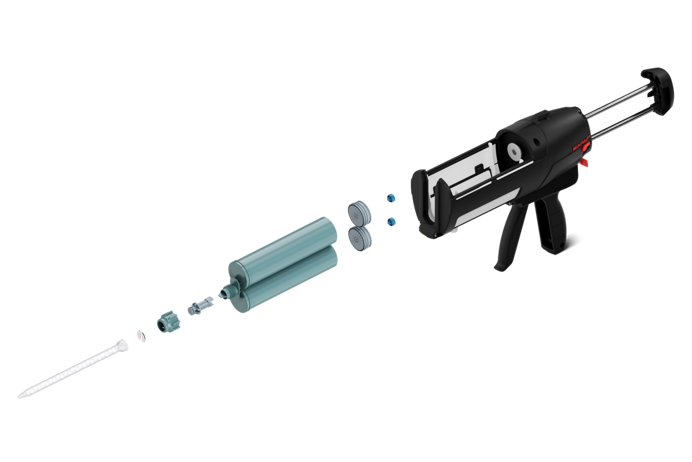 Exploded view of a green 400mL dual-component cartridge system, showing individual parts