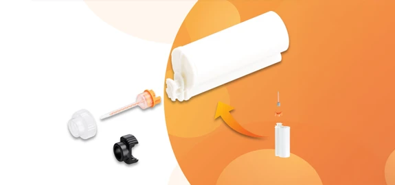 Components of a two-part adhesive cartridge system, including static mixer, cap, and locking collar, with an assembly illustration.