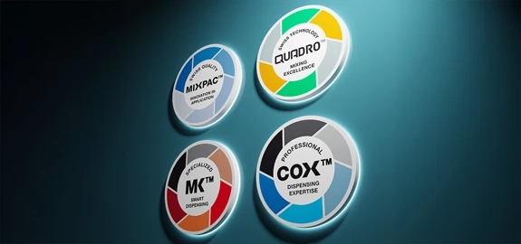 Four circular brand logos (MIXPAC™, QUADRO™, MK™, and COX™) with segmented colors